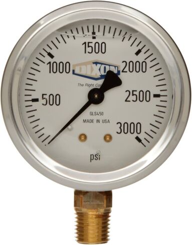 Dixon Valve & Coupling GLS450 Stainless Steel Case Liquid Filled Gauge with White Aluminum Dial, 50 Minor Gradient, 0-3000 PSI Maximum Pressure, 1/4" Lower Mount, 2-1/2" Face in Saudi Arabia