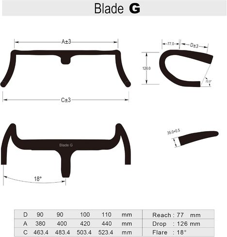 ICAN Blade-G Carbon Gravel Integrated Handlebar 18° Flare 400x90mm, 420x100mm, 440x110mm (380 * 90mm) in Kuwait
