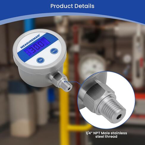مقياس الضغط الرقمي لاقتصاد MeasureMan 2.5 "LCD الأزرق الإضاءة ، 0-200 PSI جميع حالة الفولاذ المقاوم للصدأ 1/4" اتصال NPT 1 ٪ دقة in Kuwait