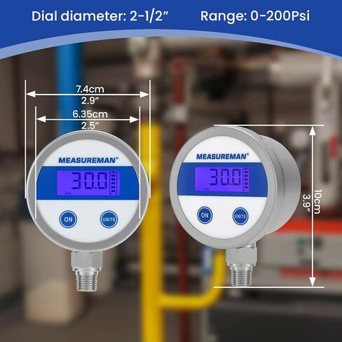 مقياس الضغط الرقمي لاقتصاد MeasureMan 2.5 "LCD الأزرق الإضاءة ، 0-200 PSI جميع حالة الفولاذ المقاوم للصدأ 1/4" اتصال NPT 1 ٪ دقة in Kuwait