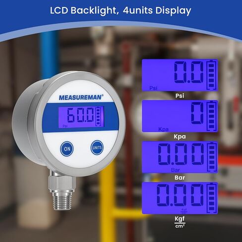 مقياس الضغط الرقمي لاقتصاد MeasureMan 2.5 "LCD الأزرق الإضاءة ، 0-200 PSI جميع حالة الفولاذ المقاوم للصدأ 1/4" اتصال NPT 1 ٪ دقة in Kuwait