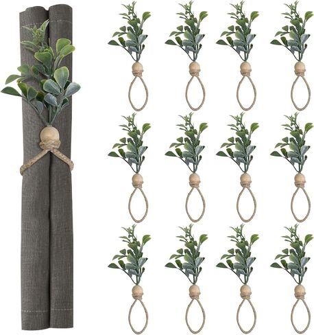 MAOANME Napkin Rings Set of 12, Rustic Eucalyptus Napkin Holder Rings with Wood Bead, Farmhouse Green Leaf Napkin Ring Bulk, Boho Napkin Ring for Wedding, Table Decor in Saudi Arabia