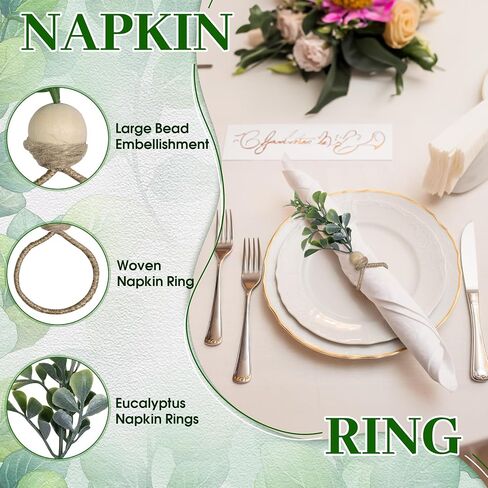MAOANME Napkin Rings Set of 12, Rustic Eucalyptus Napkin Holder Rings with Wood Bead, Farmhouse Green Leaf Napkin Ring Bulk, Boho Napkin Ring for Wedding, Table Decor in Saudi Arabia
