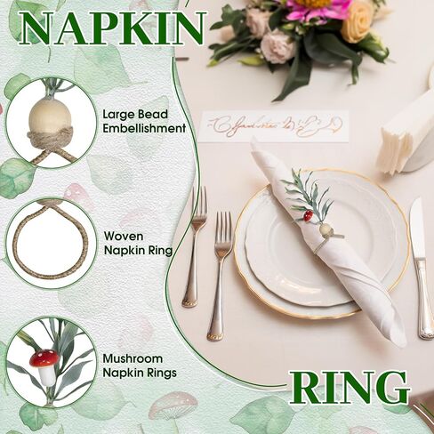 MAOANME Napkin Rings Set of 12, Rustic Eucalyptus Napkin Holder Rings with Wood Bead, Farmhouse Green Leaf Napkin Ring Bulk, Boho Napkin Ring for Wedding, Table Decor in Saudi Arabia