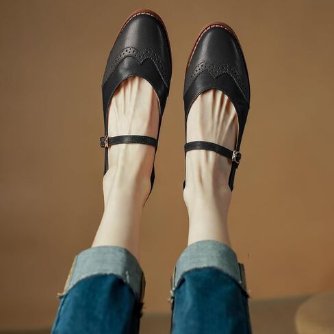 SHODENSE Women Mary Jane Flats Round Toe Ankle Strap Flat Shoes Two Tone Wingtip Oxfords Mary Jane Perforated Retro 1 Flat Heel Dress Shoes Almond Toe Patchwork Comfy Driver Flats 4-11 M US in Saudi Arabia