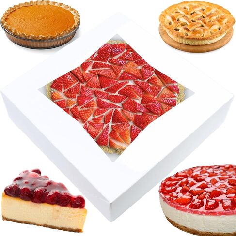 Bakeluv فطيرة الصناديق 10x10x2.5 بوصة | أبيض / 12 PCS / Auto-popup | مخبز/معجنات/علاجات/ملفات تعريف الارتباط/كعكة الجبن/الكعك/الكعك/الكعك in Kuwait