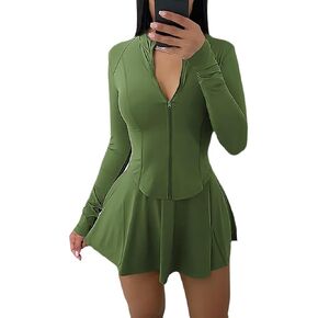 vssjavun نساء 2 قطعة مجموعات تنورة صغيرة مع الأكمام طويلة السوستة سترة التمرين سترة التعرق التنس ملابس التنس in Kuwait