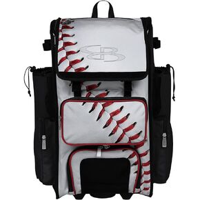 Boombah Rolling Superpack 2.0 Baseball/Softball Gear Bag - 23-1/2 "× 13-1/2" × 9-1/2 " - Baseball Homerun White/Black/Red - مقبض تلسكوبي - يحمل 4 خفافيش - نسخة ذات عجلات in Kuwait