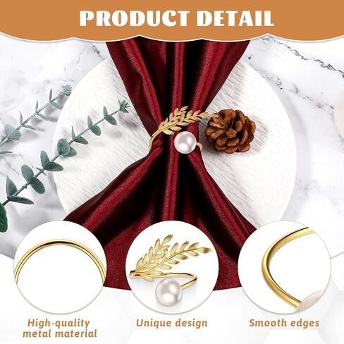 24 Pcs Gold Napkin Rings, Metal Leaf and Pearl Napkin Rings Holders, Elegant Serviette Ring Buckle for Wedding, Thanksgiving, Christmas, and Party Table Decorations in Saudi Arabia