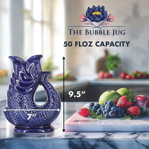 Gurgle Glug Jug The Bubble Jug® Dark Cobalt Blue 50 fl oz 1.5L Litre Extra Large Pitcher - Fish Shaped Jug - Decorative Ceramic Glugging Cocktail, Water and Gin Vase and Gurgling Carafe Pot in Saudi Arabia