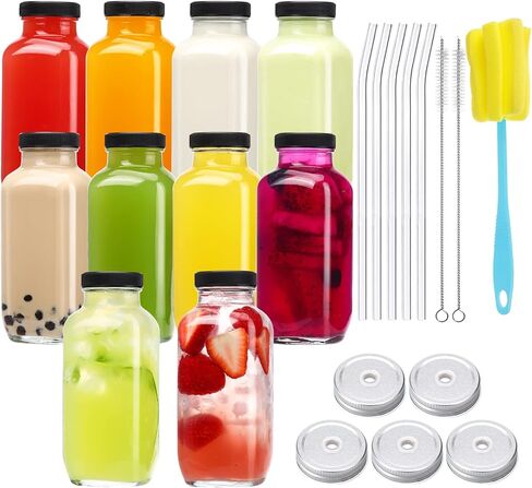 Cucumi 10pcs زجاجات عصير زجاجي 16 أوقية مع أغطية ، وحاويات عصير قابلة لإعادة الاستخدام شرب الجرار أكواب المياه مع الفرشاة ، قش زجاجي ، أغطية مع ثقب in Kuwait