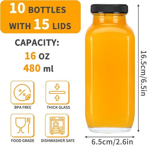 Cucumi 10pcs زجاجات عصير زجاجي 16 أوقية مع أغطية ، وحاويات عصير قابلة لإعادة الاستخدام شرب الجرار أكواب المياه مع الفرشاة ، قش زجاجي ، أغطية مع ثقب in Kuwait