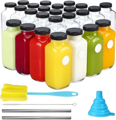 Cucumi 10pcs زجاجات عصير زجاجي 16 أوقية مع أغطية ، وحاويات عصير قابلة لإعادة الاستخدام شرب الجرار أكواب المياه مع الفرشاة ، قش زجاجي ، أغطية مع ثقب in Kuwait