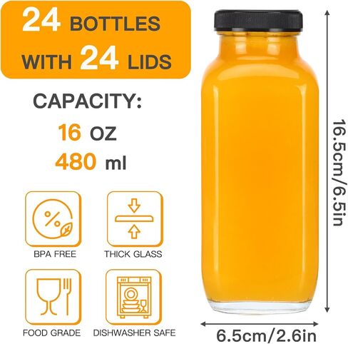 Cucumi 10pcs زجاجات عصير زجاجي 16 أوقية مع أغطية ، وحاويات عصير قابلة لإعادة الاستخدام شرب الجرار أكواب المياه مع الفرشاة ، قش زجاجي ، أغطية مع ثقب in Kuwait