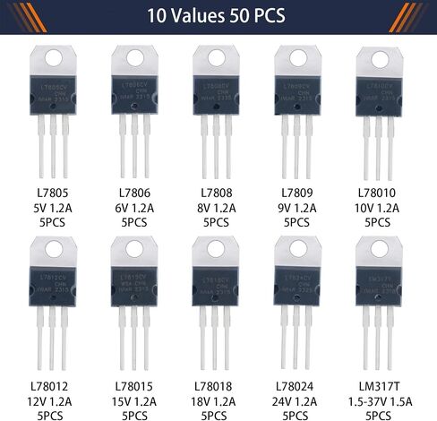 10 Values 50 Pcs Positive Fixed Voltage Regulator L7805 7806 L7808 L7809 L7810 L7812 L7815 L7818 L7824 LM317 TO-220 Package High Current Adjustable Voltage Regulator Assortment Kit in Saudi Arabia