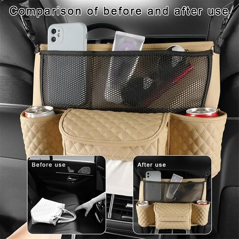 Car Purse Holder Between Seats, Luxury Leather Front Seat Back Handbag Organizer with Tissue Box Cup Holders, Auto Large Capacity Multi Pocket Purse Holder Hanging Storage Bag (Black) in Saudi Arabia