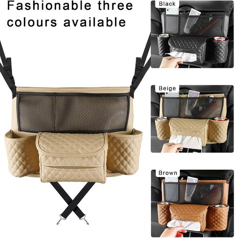 Car Purse Holder Between Seats, Luxury Leather Front Seat Back Handbag Organizer with Tissue Box Cup Holders, Auto Large Capacity Multi Pocket Purse Holder Hanging Storage Bag (Black) in Saudi Arabia