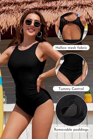 SHEKINI Women's One Piece Swimsuit High Neck Tummy Control Bathing Suit Cutout Back Hook Mesh Swimwear in Saudi Arabia