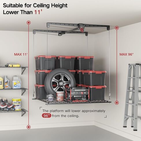 Overhead Garage Storage Rack, Adjustable Heavy-duty 4x4 Ft Ceiling Storage Racks with Safety Lock, Ideal for Garage Storage Lifting Organization System, 250lbs Capacity, White in Saudi Arabia