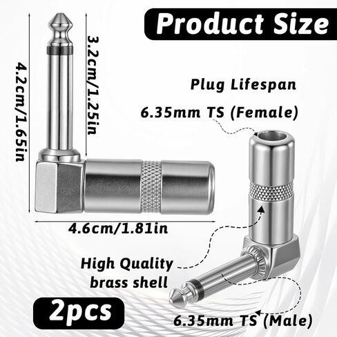 2 حزمة قسط 1/4 بوصة محول كابل الغيتار الزاوية اليمنى 90 درجة 6.35 مم 1/4 "TS ذكر إلى موصل معدني مونو مونو الثقيل للغيتار السفلي/الغيتار in Saudi Arabia
