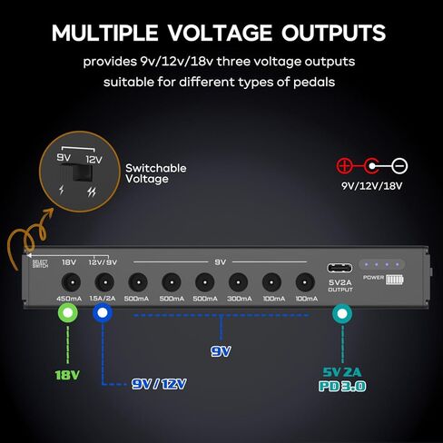 [New Version] AYCRIT Guitar Pedal Power Supply, Rechargeable 12800mAh 9 Outputs 9V2A/12V1.5A/18V450mA and 5V2A Type-C Port for iPhone ipad (MUSTAN-01) Style in Kuwait