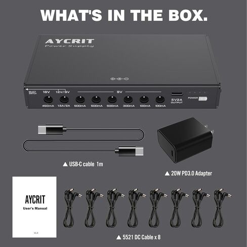 [New Version] AYCRIT Guitar Pedal Power Supply, Rechargeable 12800mAh 9 Outputs 9V2A/12V1.5A/18V450mA and 5V2A Type-C Port for iPhone ipad (MUSTAN-01) Style in Kuwait