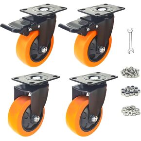3 Inch Caster Wheels，Casters Set of 4 Heavy Duty with Brakes，360° Swivel Workbench Wheels for Carts, Orange Polyurethane Castors for Furniture & Equipment (Orange 2 x Swivel & 2 x Brakes, 4 Inch) in Saudi Arabia