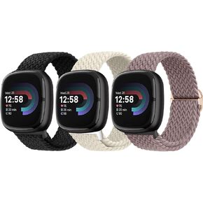 Yeahxing Braided Bands for Fitbit Versa-4/Versa 3/Sense 2/Sense - 3 Packs Adjustable Elastic Nylon Sport Replacement Strap Stretchy Fabric for Women & Men, Wrist 5.5"-9.1" in Kuwait