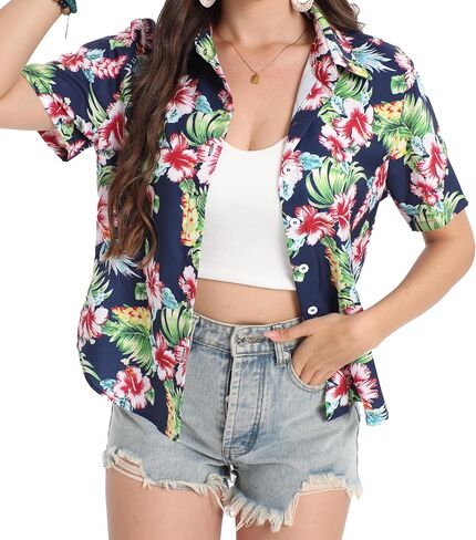 Hawaiian Shirts for Women:Aloha Shirt Summer Beach Button Up Floral Blouses Short Sleeve Hawaii Tropical Outfits Tops in Saudi Arabia
