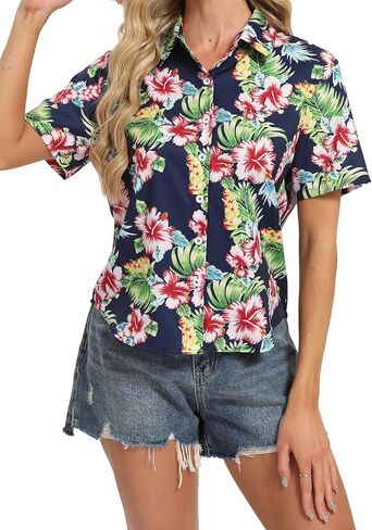 Hawaiian Shirts for Women:Aloha Shirt Summer Beach Button Up Floral Blouses Short Sleeve Hawaii Tropical Outfits Tops in Saudi Arabia
