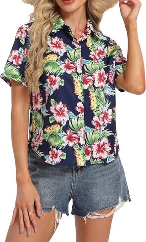 Hawaiian Shirts for Women:Aloha Shirt Summer Beach Button Up Floral Blouses Short Sleeve Hawaii Tropical Outfits Tops in Saudi Arabia