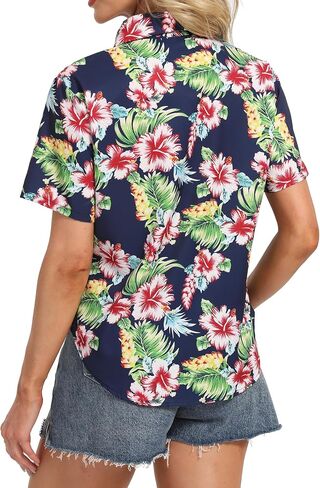 Hawaiian Shirts for Women:Aloha Shirt Summer Beach Button Up Floral Blouses Short Sleeve Hawaii Tropical Outfits Tops in Saudi Arabia