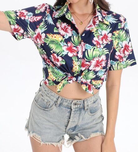 Hawaiian Shirts for Women:Aloha Shirt Summer Beach Button Up Floral Blouses Short Sleeve Hawaii Tropical Outfits Tops in Saudi Arabia