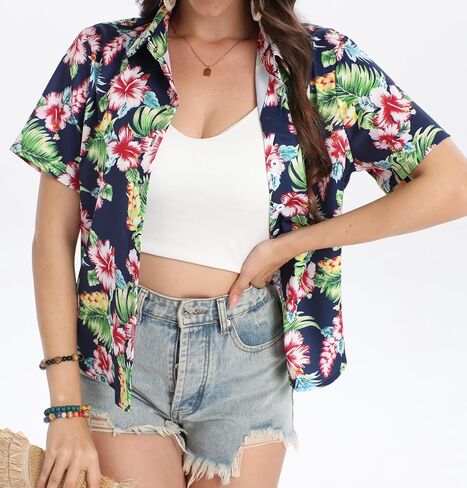 Hawaiian Shirts for Women:Aloha Shirt Summer Beach Button Up Floral Blouses Short Sleeve Hawaii Tropical Outfits Tops in Saudi Arabia