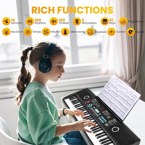 Honey Joy 61 لوحة مفاتيح مفتاح البيانو ، لوحة مفاتيح الموسيقى الرقمية مع 100 Timbres ، 100 إيقاعات ، ميكروفون ، ملصقات رئيسية ، حالة حمل ، حامل موسيقى ، بيانو كهربائي محمول للأطفال البالغين ، الأسود ، الأسود in Saudi Arabia