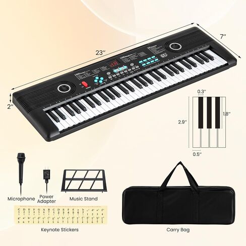 Honey Joy 61 لوحة مفاتيح مفتاح البيانو ، لوحة مفاتيح الموسيقى الرقمية مع 100 Timbres ، 100 إيقاعات ، ميكروفون ، ملصقات رئيسية ، حالة حمل ، حامل موسيقى ، بيانو كهربائي محمول للأطفال البالغين ، الأسود ، الأسود in Saudi Arabia