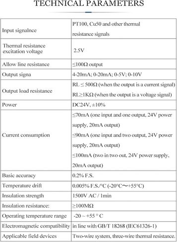 محول إشارة درجة الحرارة PT100 2 في 2 OR 24VDC الحرارية إلى 4-20MA عزل (24V_CU50-50-150C) in Kuwait