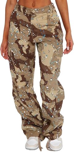 Camo Cargo Pants for Women High Waist Army Fatigue Baggy Straight Wide Leg Camouflage Pockets Jogger Sweatpants in Kuwait