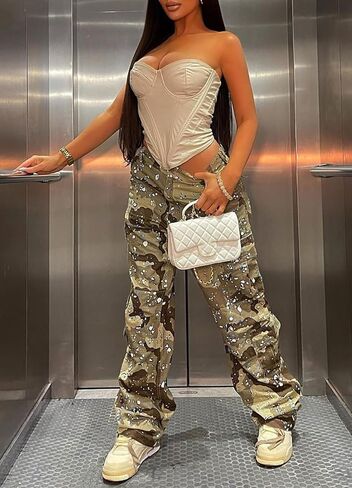Camo Cargo Pants for Women High Waist Army Fatigue Baggy Straight Wide Leg Camouflage Pockets Jogger Sweatpants in Kuwait