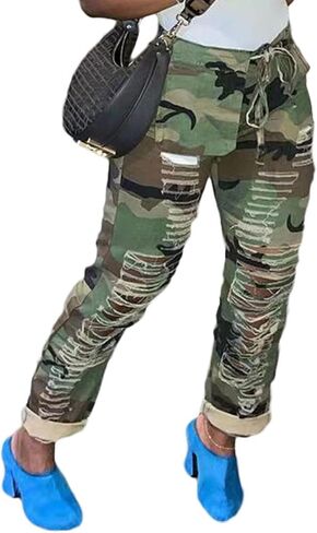 Camo Cargo Pants for Women High Waist Army Fatigue Baggy Straight Wide Leg Camouflage Pockets Jogger Sweatpants in Kuwait