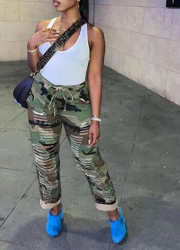 Camo Cargo Pants for Women High Waist Army Fatigue Baggy Straight Wide Leg Camouflage Pockets Jogger Sweatpants in Kuwait