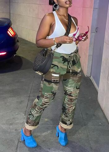 Camo Cargo Pants for Women High Waist Army Fatigue Baggy Straight Wide Leg Camouflage Pockets Jogger Sweatpants in Kuwait