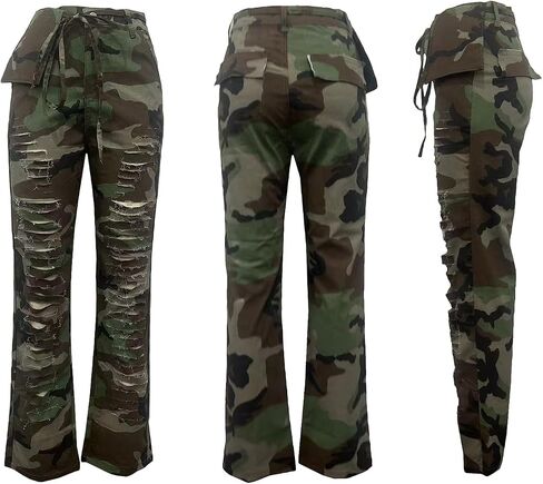 Camo Cargo Pants for Women High Waist Army Fatigue Baggy Straight Wide Leg Camouflage Pockets Jogger Sweatpants in Kuwait