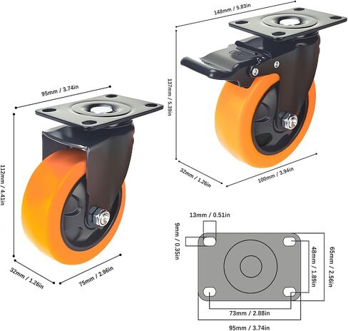 عجلات 3 بوصة العجلات ， العجلات مجموعة من 4 من الخدمة الثقيلة مع المكابح ， 360 ° عجلات Workbench للعربات ، وألعاب البولي يوريثان البرتقالية للأثاث والمعدات (Orange 2 × دوارة و 2 × الفرامل ، 4 بوصة) in Kuwait