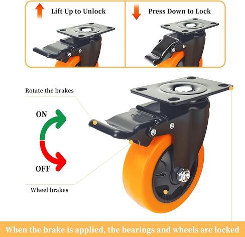 عجلات 3 بوصة العجلات ， العجلات مجموعة من 4 من الخدمة الثقيلة مع المكابح ， 360 ° عجلات Workbench للعربات ، وألعاب البولي يوريثان البرتقالية للأثاث والمعدات (Orange 2 × دوارة و 2 × الفرامل ، 4 بوصة) in Kuwait