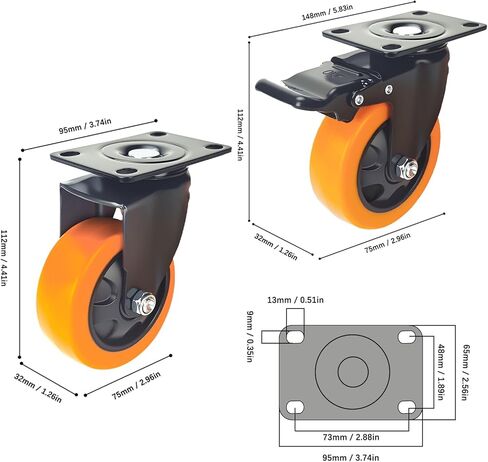 عجلات 3 بوصة العجلات ， العجلات مجموعة من 4 من الخدمة الثقيلة مع المكابح ， 360 ° عجلات Workbench للعربات ، وألعاب البولي يوريثان البرتقالية للأثاث والمعدات (Orange 2 × دوارة و 2 × الفرامل ، 4 بوصة) in Saudi Arabia