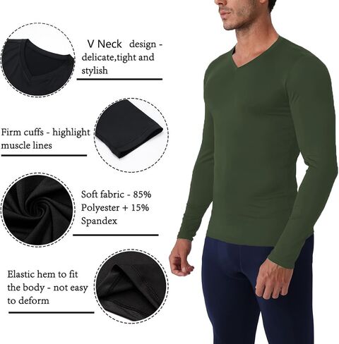 Men's Compression Shirt V Neck Long Sleeve Workout Shirts Cool Dry Athletic Gym Undershirts Active Sports Baselayer Tops in Saudi Arabia