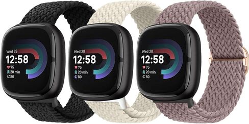 Yeahxing Braided Bands for Fitbit Versa-4/Versa 3/Sense 2/Sense - 3 Packs Adjustable Elastic Nylon Sport Replacement Strap Stretchy Fabric for Women & Men, Wrist 5.5"-9.1" in Kuwait