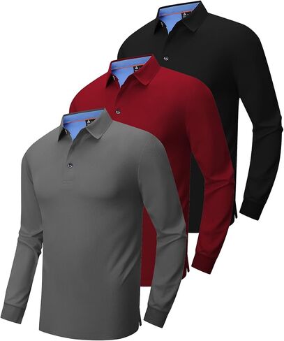 ZITY Long Sleeve Polo Shirts for Men 3 Pack Collared Performance Golf Polos Mens Casual Shirts Moisture Wicking Workwear in Kuwait