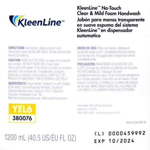 No-Touch Clear & Mild Foam Handwash, 6640-02-BCE00YL, 1200ml Refills | 2 Bottles/Case in Kuwait